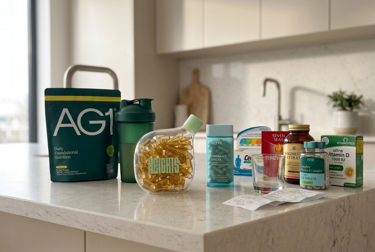 The five set-ups I tested: Alyve, Heights, AG1, a high-street multivitamin and my four-bottle DIY stack.