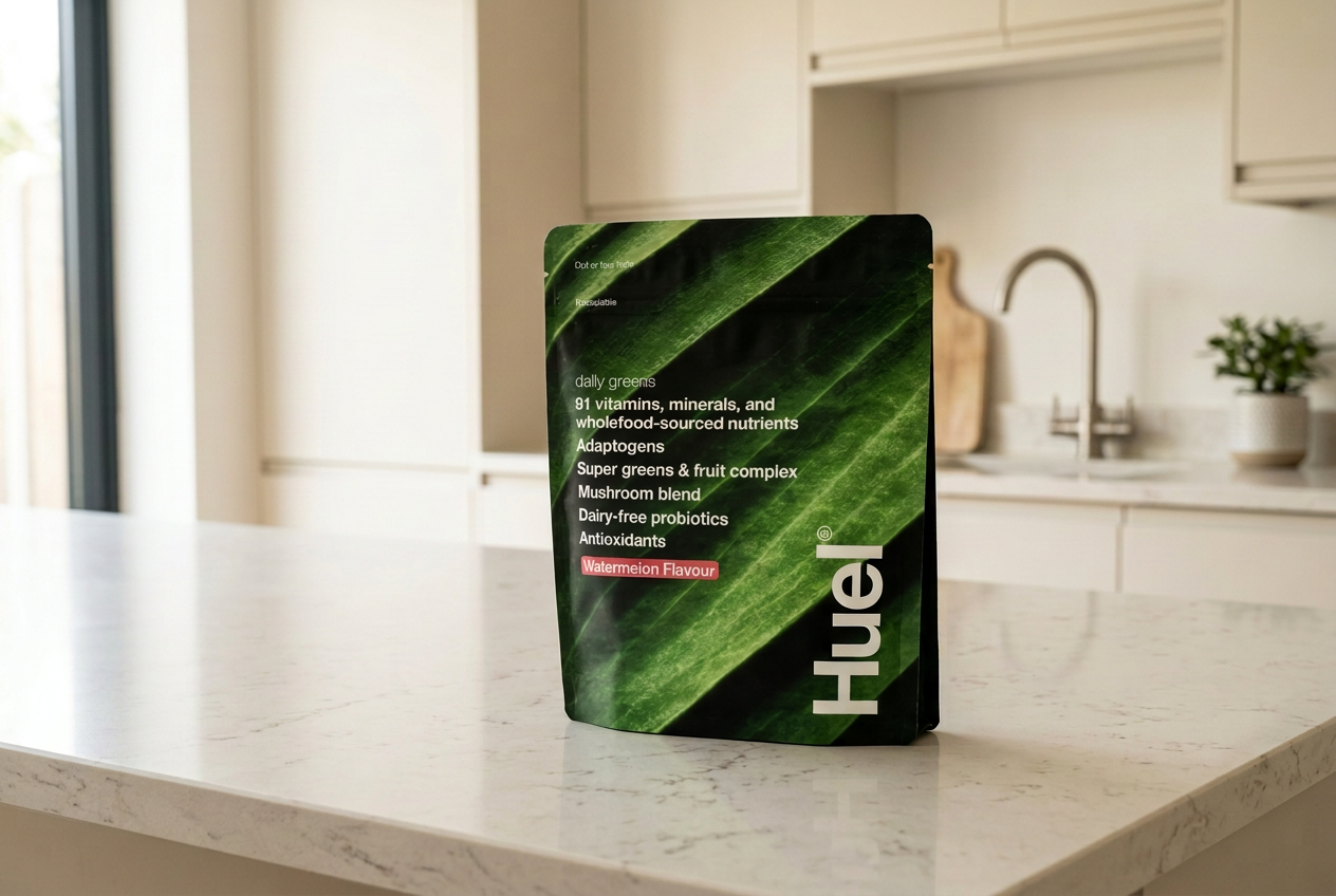 Huel Daily Greens photographed at home during testing